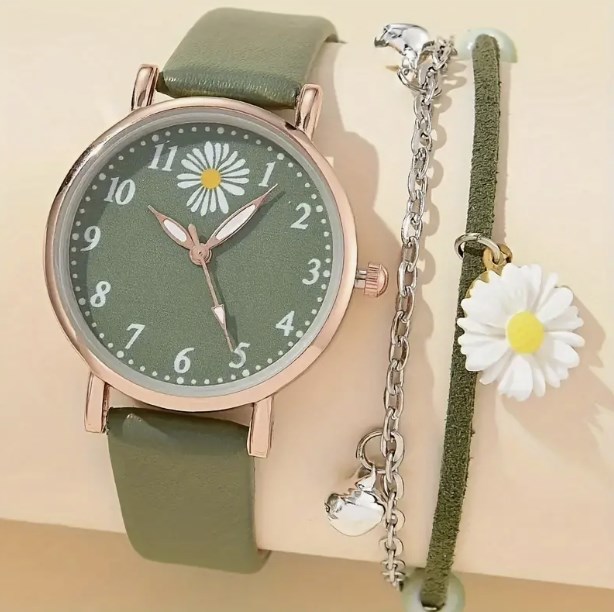 Conjunto De 2 Piezas De Reloj De Cuarzo Analógico Con Correa De Cuero PU Y Pulsera De Margarita Linda, Regalos Para Ella