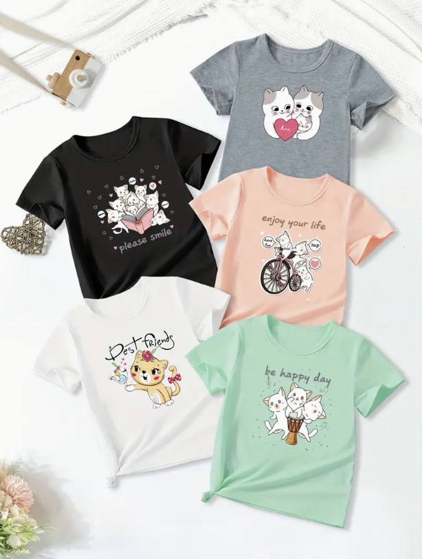 Camisetas casuales y cómodas con estampado de letras de graffiti y gatos de dibujos animados